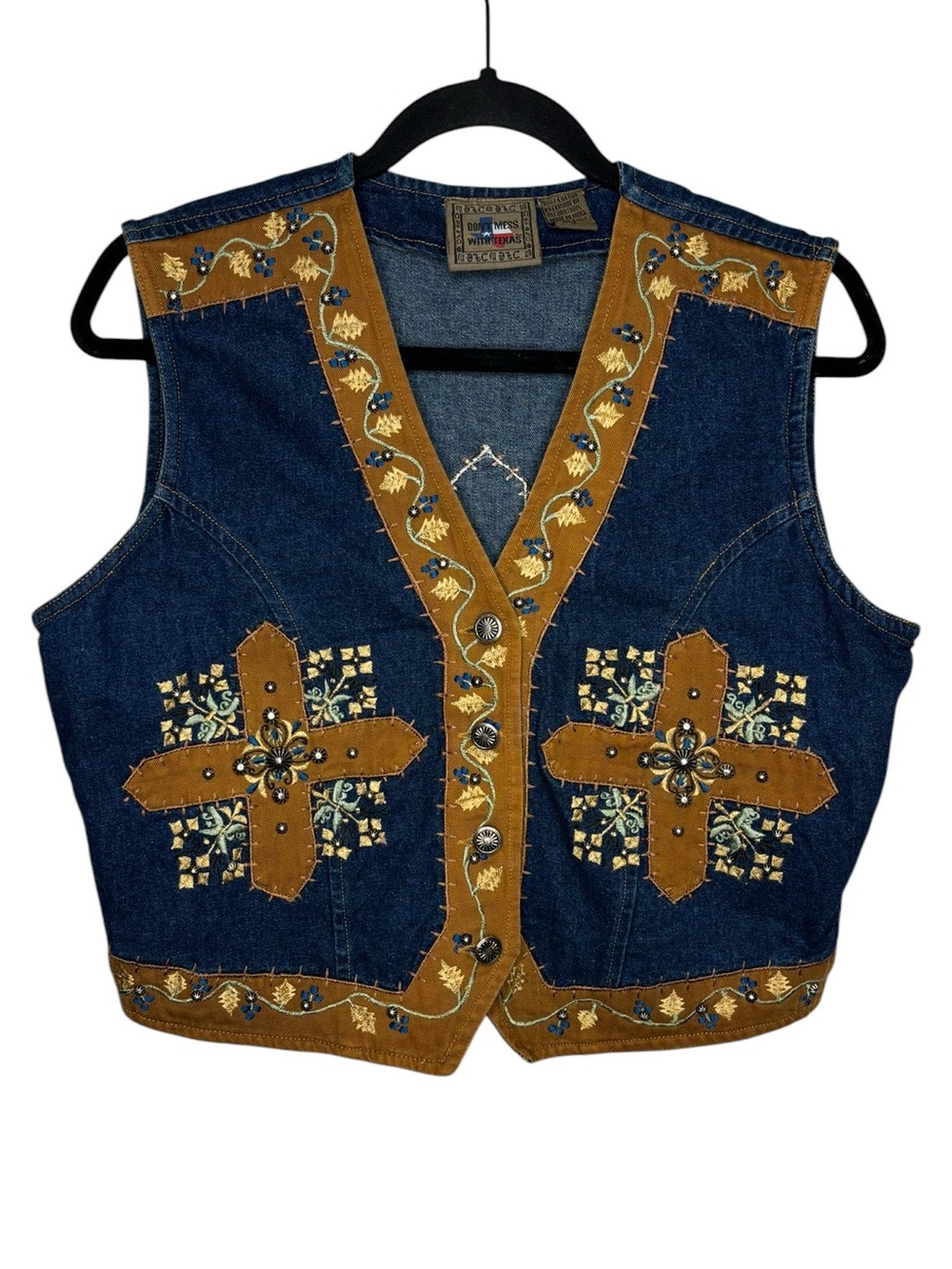 Women’s Western Vtg Denim Studded Embroidered Cross Patch Vest Cowgirl Rodeo LG